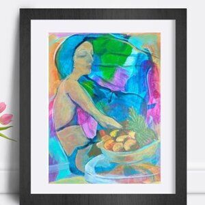 Original Art Work, Vibrant Acrylic Abstract Woman with Blue and Green Accents